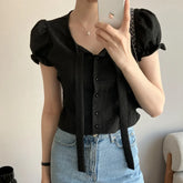 LIZAKOSHT  -  Women Shirts Casual Slim V-Neck Puff Sleeve Lace-up Solid Cardigan Fashion Sweet Style Chic High Waist Short Blouses Streetwear